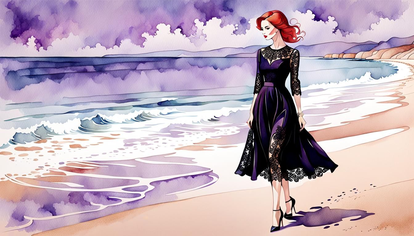 Elegant Redhead in Retro Dress: Minimalist Fashion Sketch