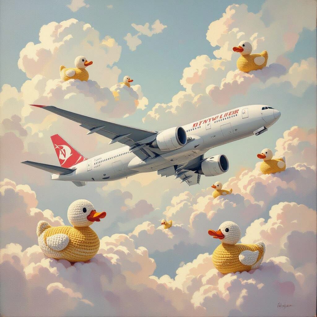 Vintage Airplane Soaring Through Crochet Duck Sky