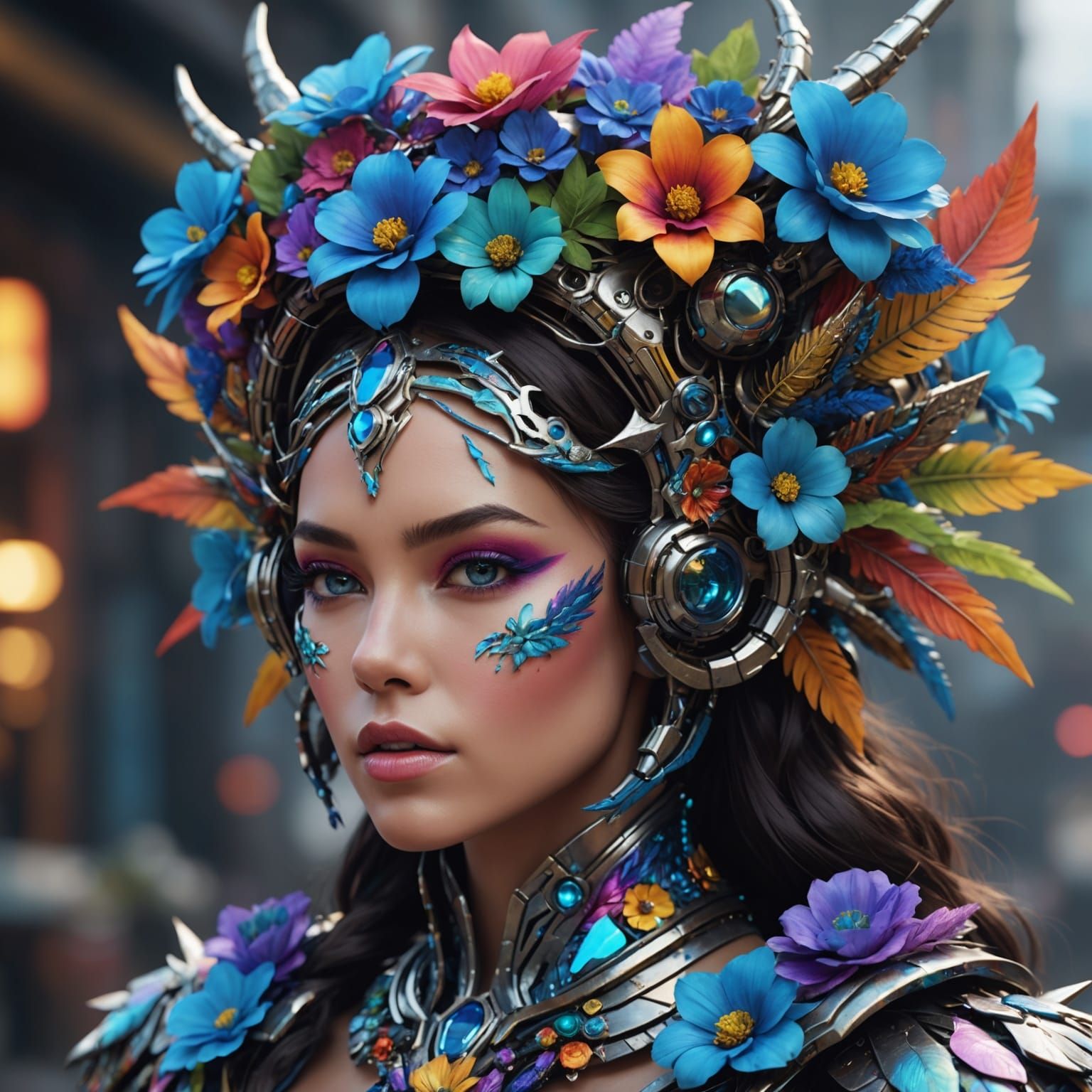 Futuristic Dragon Woman with Rainbow Skin and Flowers
