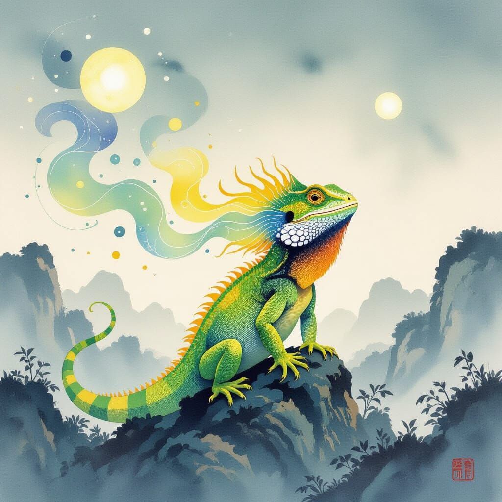 Frill Neck Lizard Transforms into Celestial Ink Art