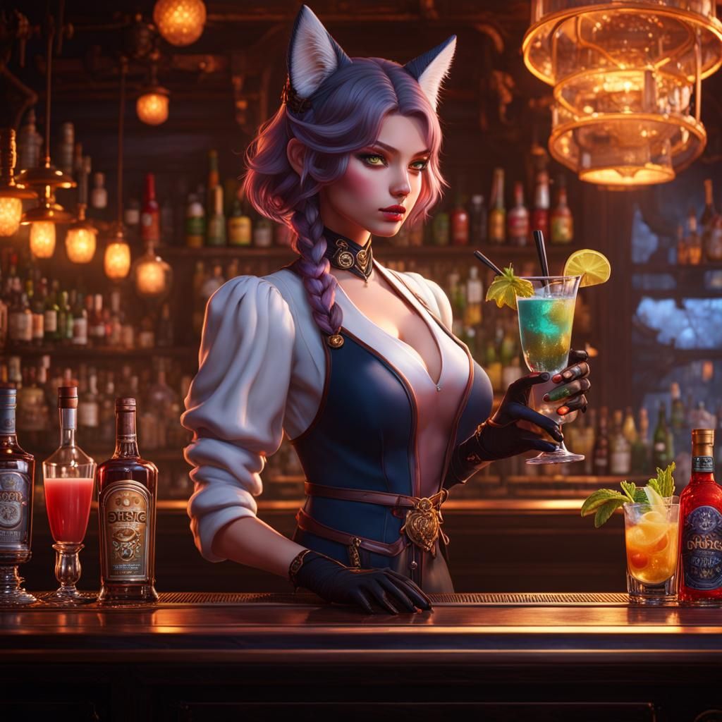 Neko girl tending bar. Several mixed drinks on the bar