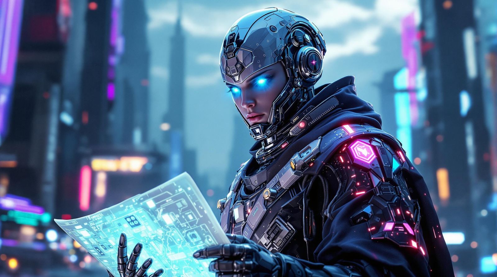 Cybernetic Architect in Futuristic Cityscape, Hyperrealistic...