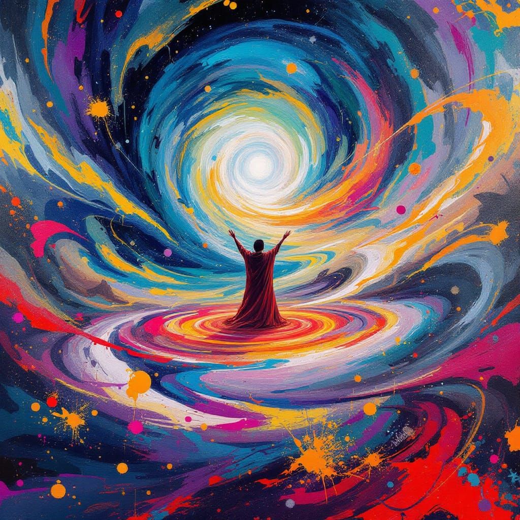 Cosmic Being Rising from Graffiti Cityscape