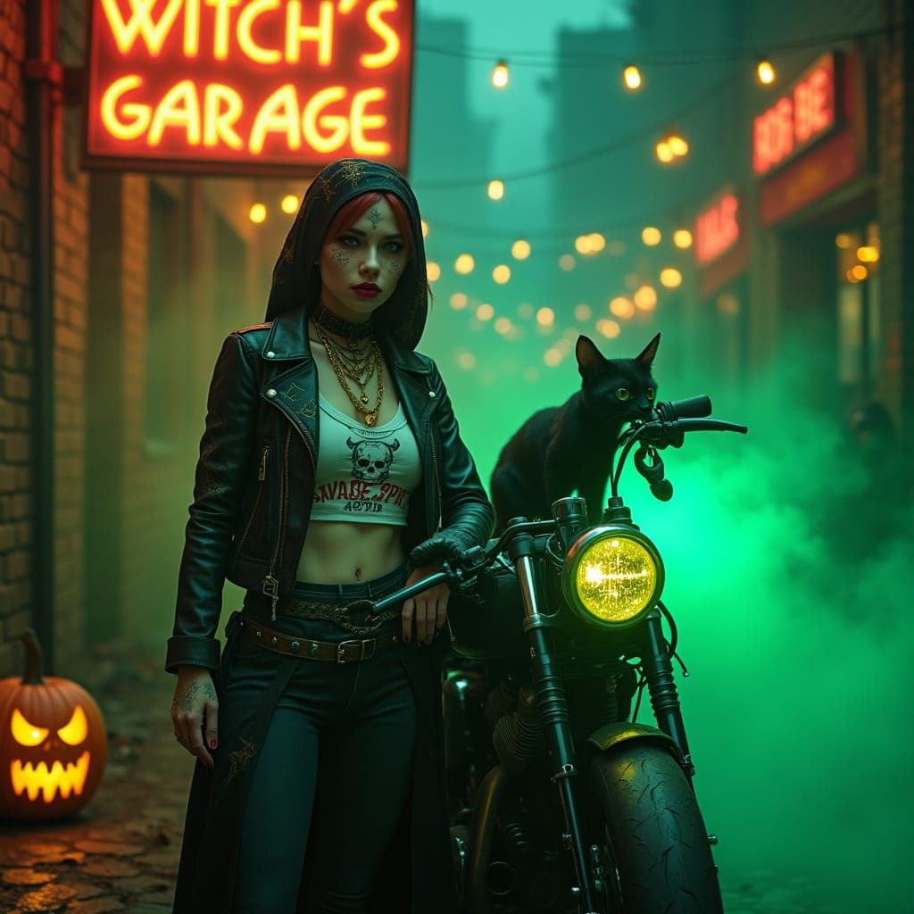 Gothic Vampire Woman and Neon Motorcycle in Haunted Alley