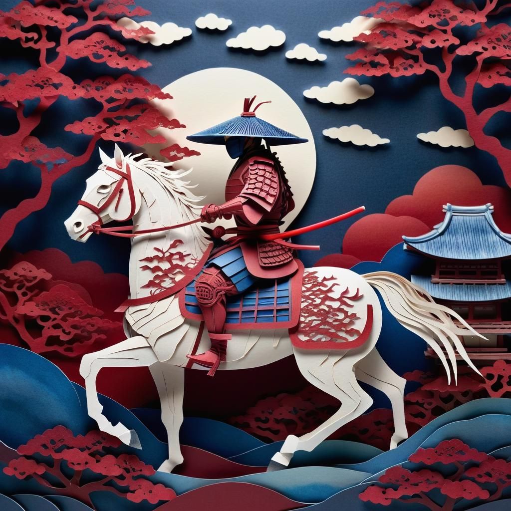 Kirigami Samurai on Horse in Hokusai Style