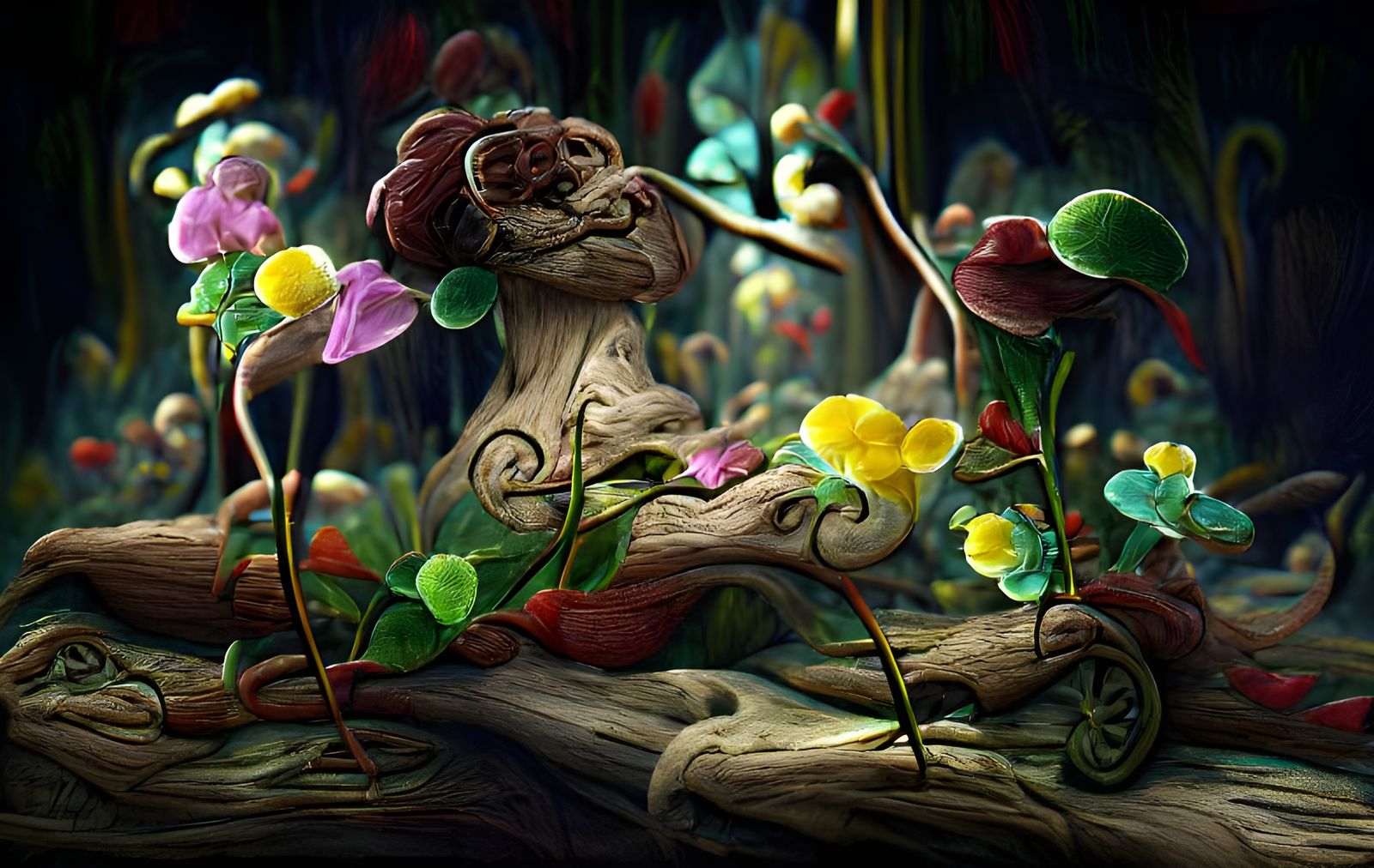 Fantasy Nature Scene with Flowers and Mushrooms
