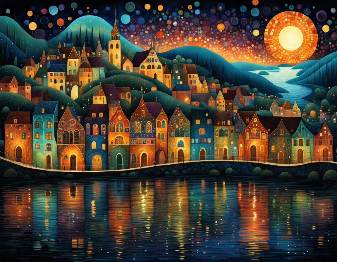 Whimsical Fantasy River Town with Twinkling Lights