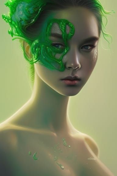 Woman Covered in Green Slime: Hyperrealistic Portrait