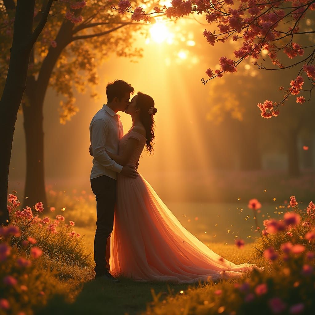 Romantic Couple Embracing in a Whimsical Sunset Park