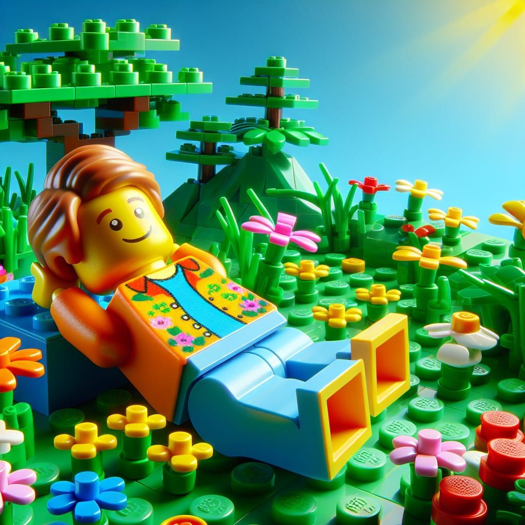 Lego Minifigure Relaxing in a Lego Spring Scene