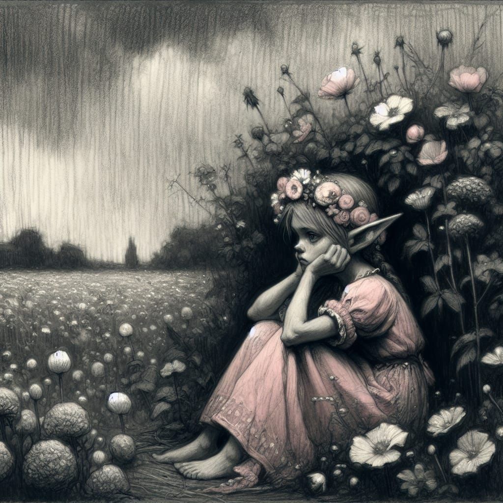 Mournful Elf in a Flowery Meadow on a Stormy Day