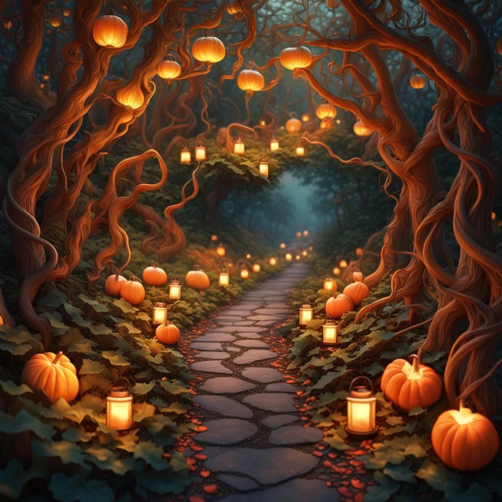 Mystical Gourd Grove at Dusk: Hyper-Realistic Fantasy
