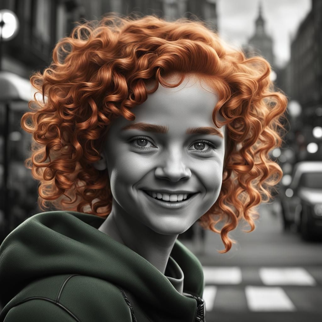 1960s Street Photo of Smiling Girl with Orange Hair