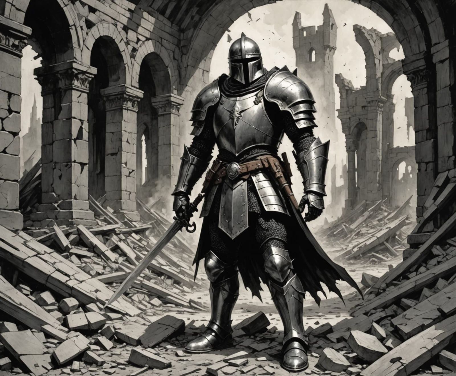 Ancient Knight in Paper Ruins, Pencil Sketch Style