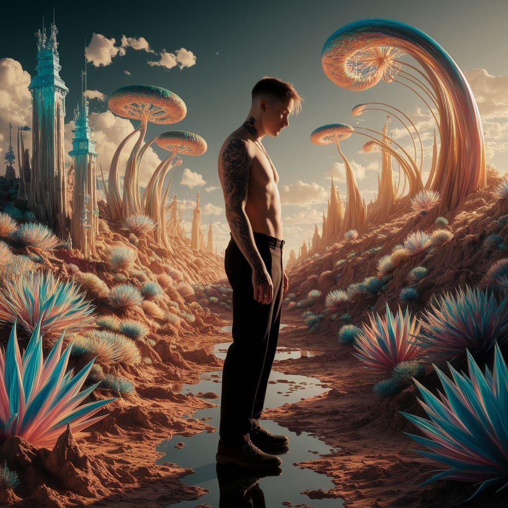 Goth Man in Aetherpunk Landscape