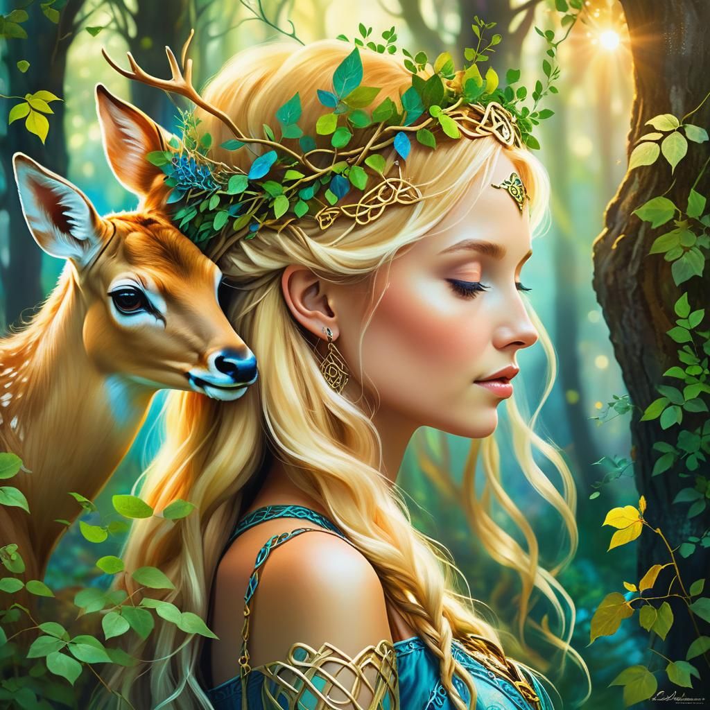 Mystical Celtic Woman and Fawn Portrait in Forest