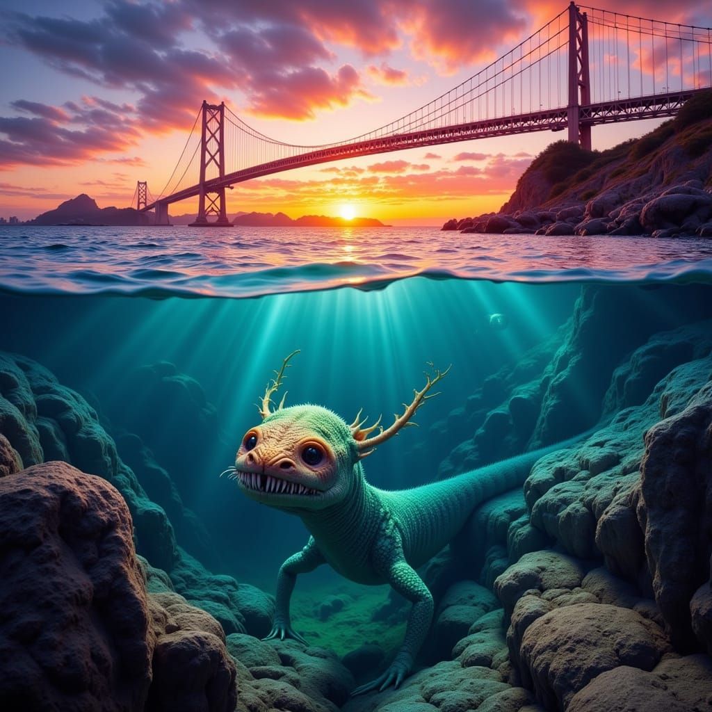 Bay Bridge Sunrise with Vibrant Sea Serpent