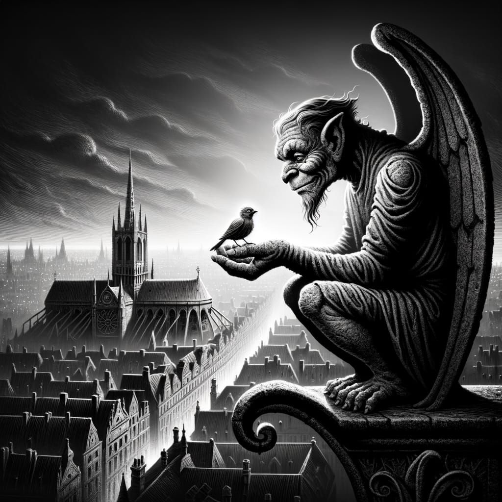 Gargoyle's Gentle Care in Foggy Twilight
