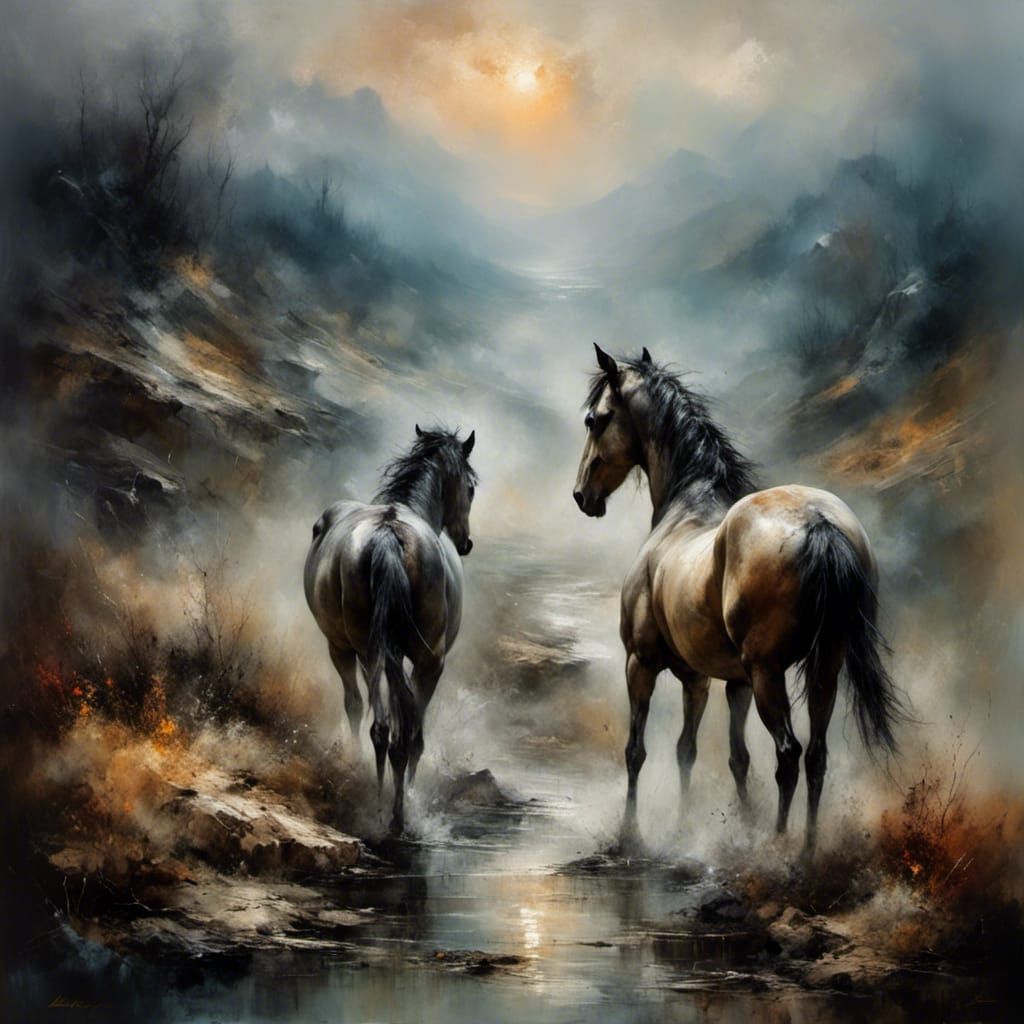 Wild Horse in Rocky Landscape: Romantic Sunset