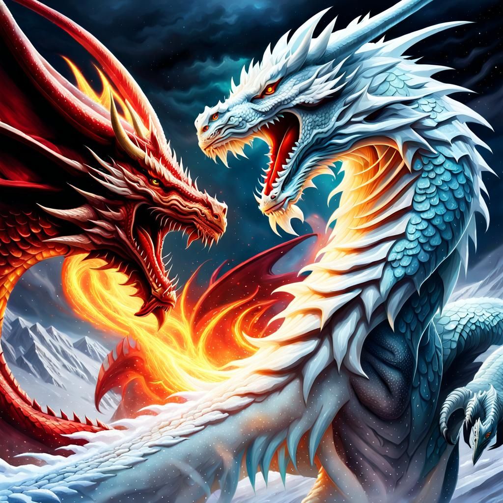 Epic Dragon Confrontation: Ice vs. Fire in Digital Painting