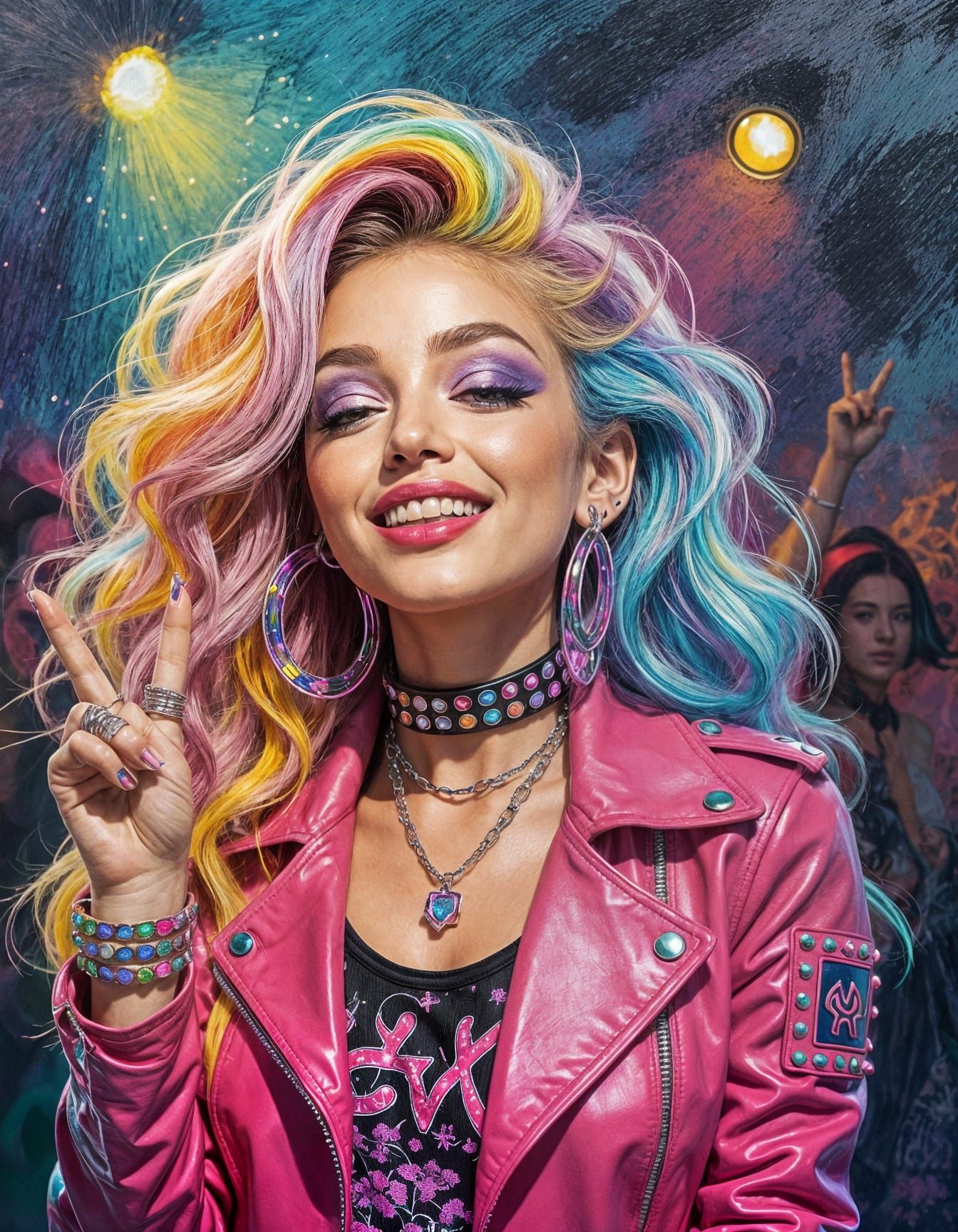 Vibrant Emo Rocker Girl in Pastel Rainbow Curls