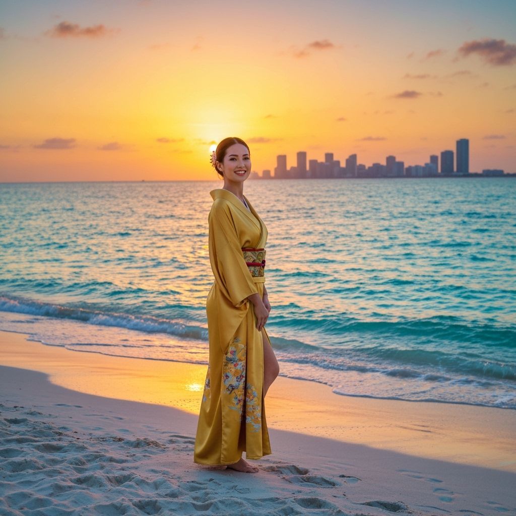Golden Kimono Woman on Miami Beach in Sunlight