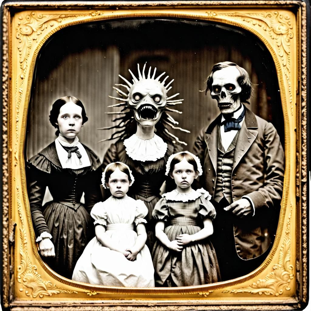 Creepy 1850s Monster Family Portrait in Daguerreotype Style