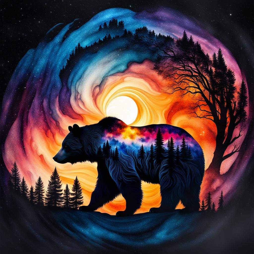Bear Silhouette in Galaxy Sunset, Watercolor Art