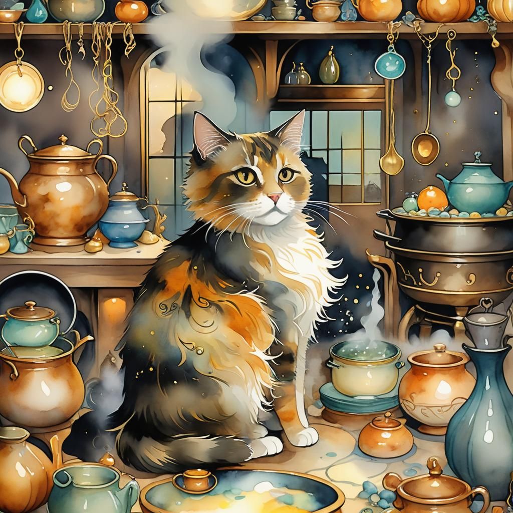 Cat in Witch's Kitchen: Art Nouveau Watercolor