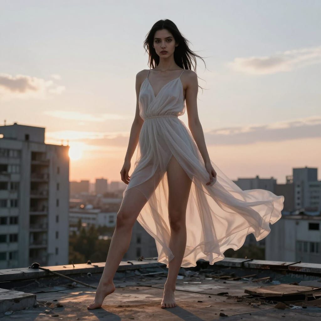 Otherworldly Beauty on Ruined Rooftop at Sunset