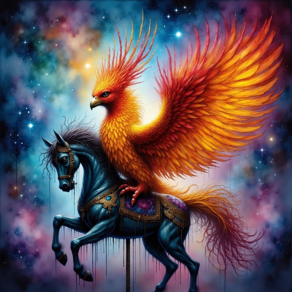 Majestic Phoenix on Obsidian Carousel Horse in Cosmic Nebula