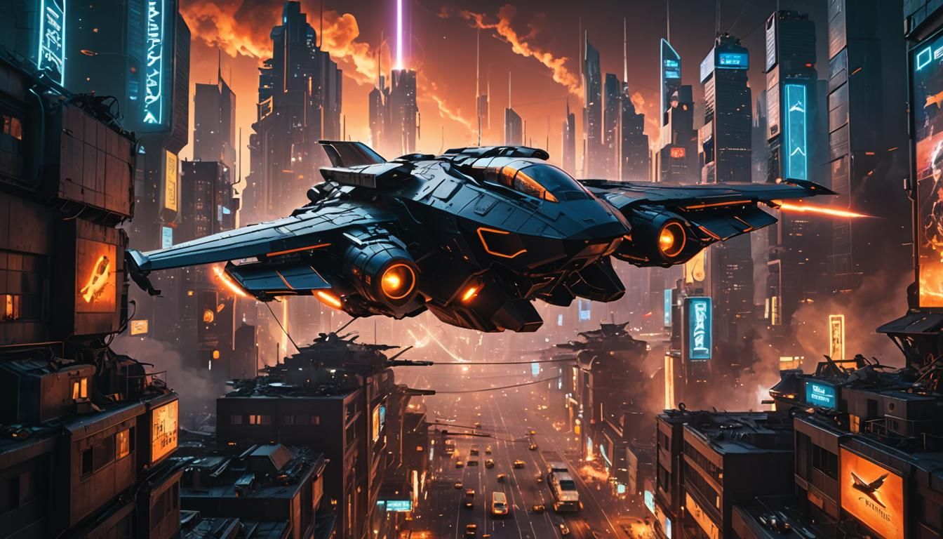 Cyberpunk City Sky Battle with Flying Ship
