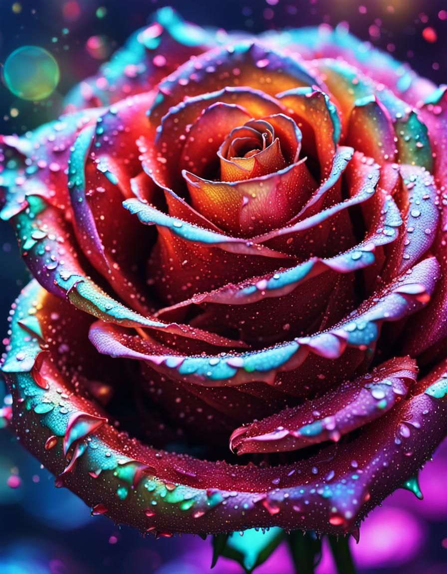 Iridescent Rose with Water Droplets in 3D
