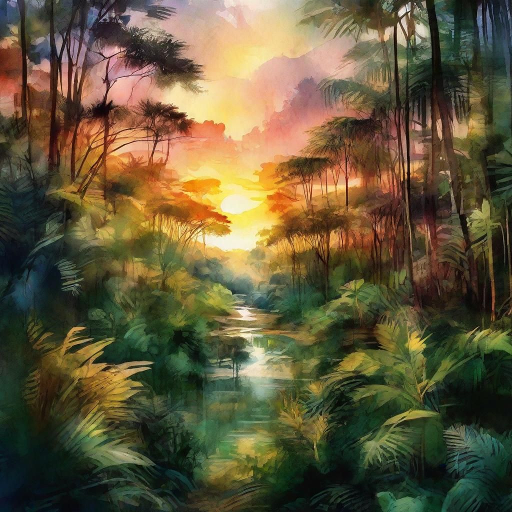 Jungle Trip: Digital Watercolor Summer Sunset Landscape
