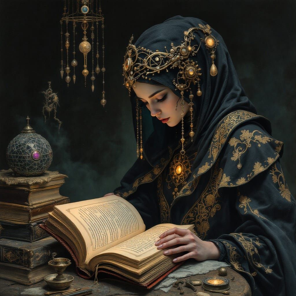 Mystical Woman in Velvet Darkness, 19th Century Occult Illus...