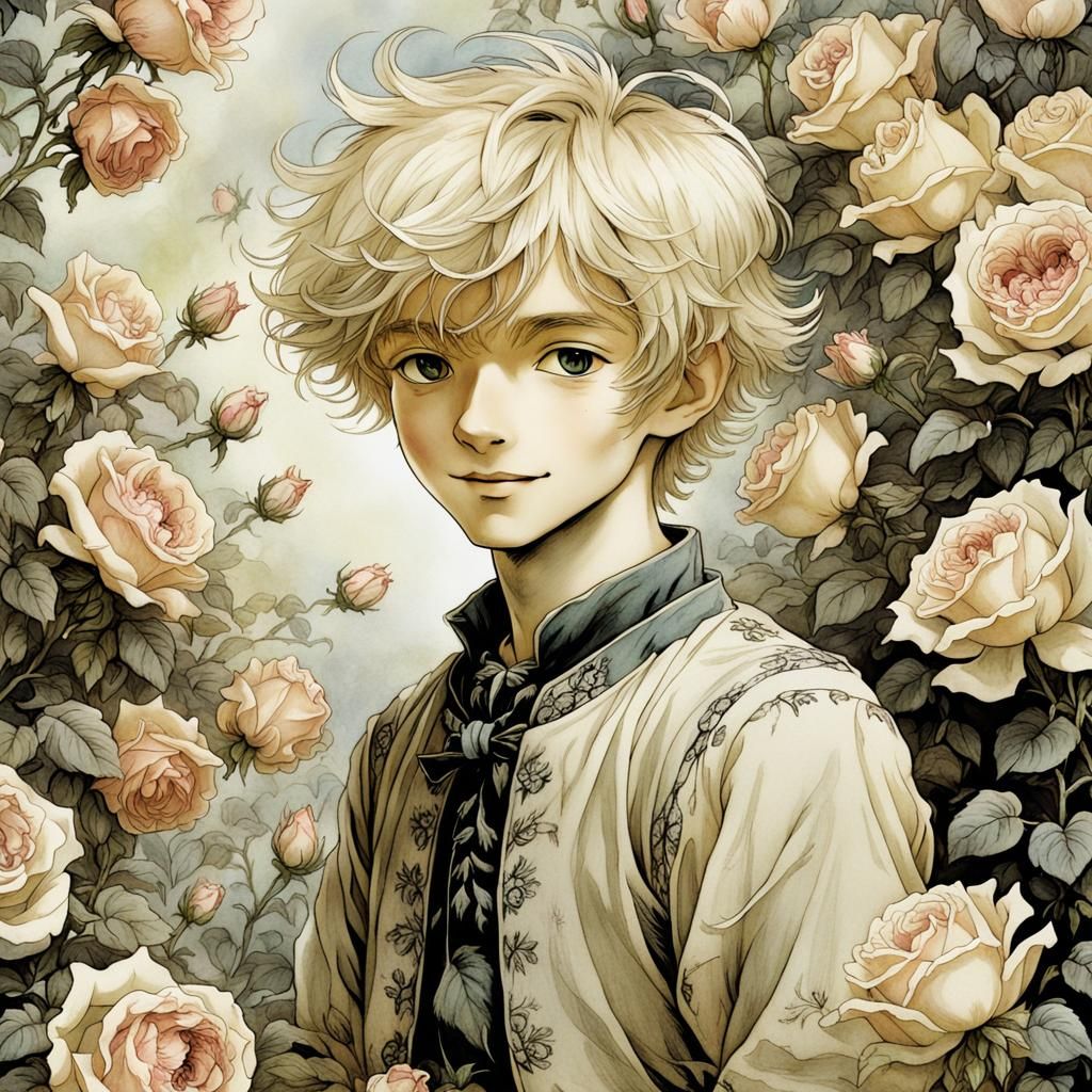 Cheerful Blond Boy Among Roses in Arthur Rackham Style