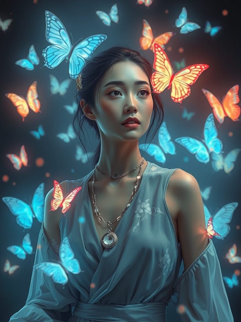 Ethereal Asian Goddess Among Whirling Bioluminescent Butterf...
