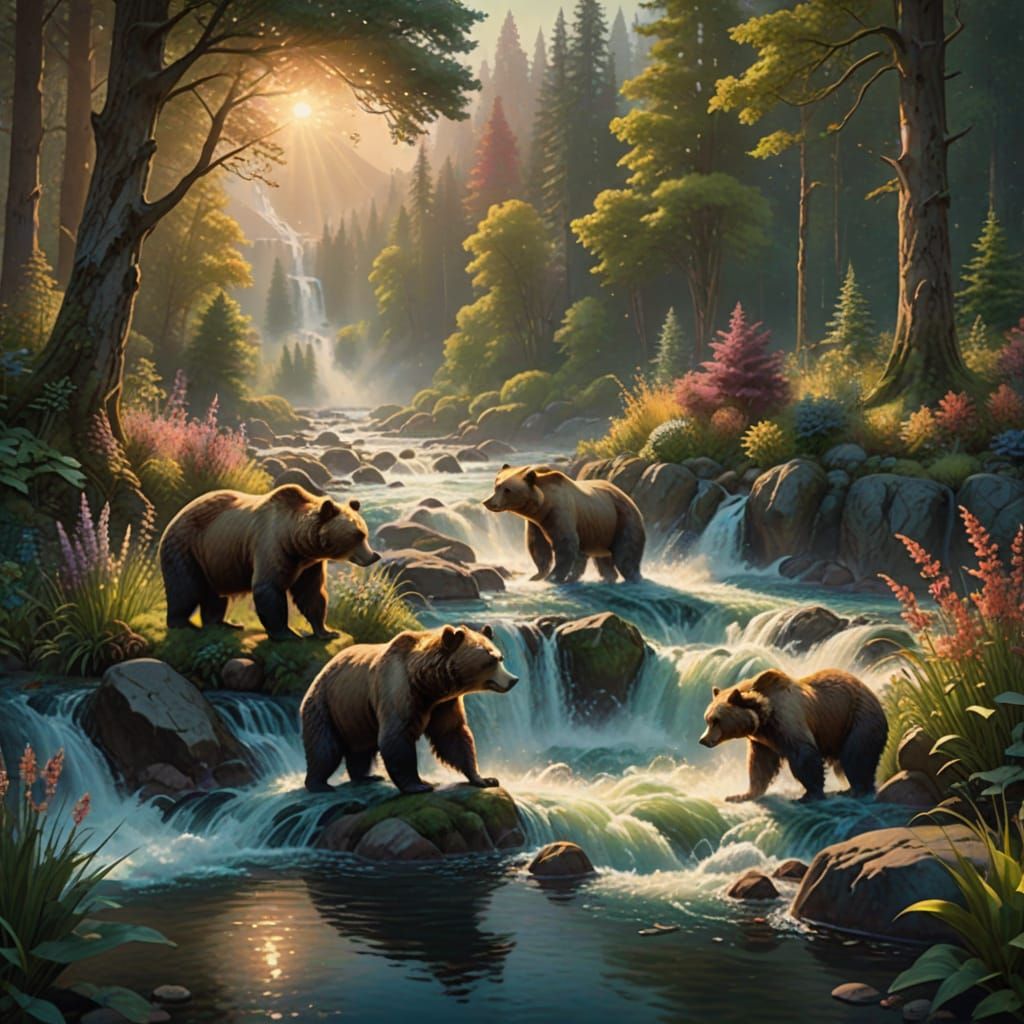 Bears Catching Salmon in River: Romantic Landscape
