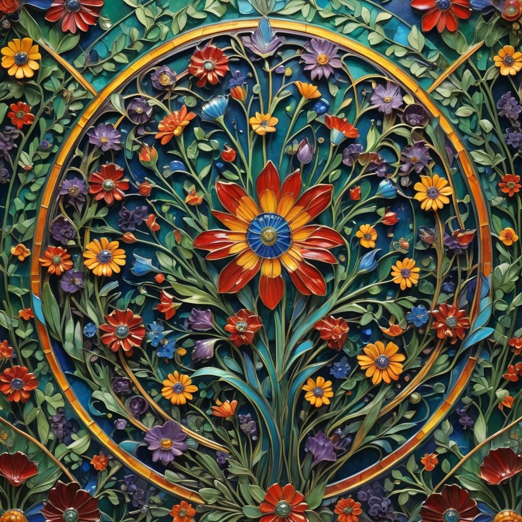 Radiant Glass Enamel Sunburst Floral Artwork