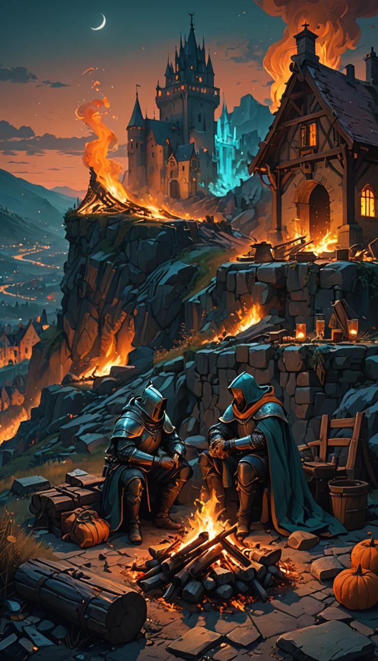 Knight and Wizard Bonfire Scene in Digital Art