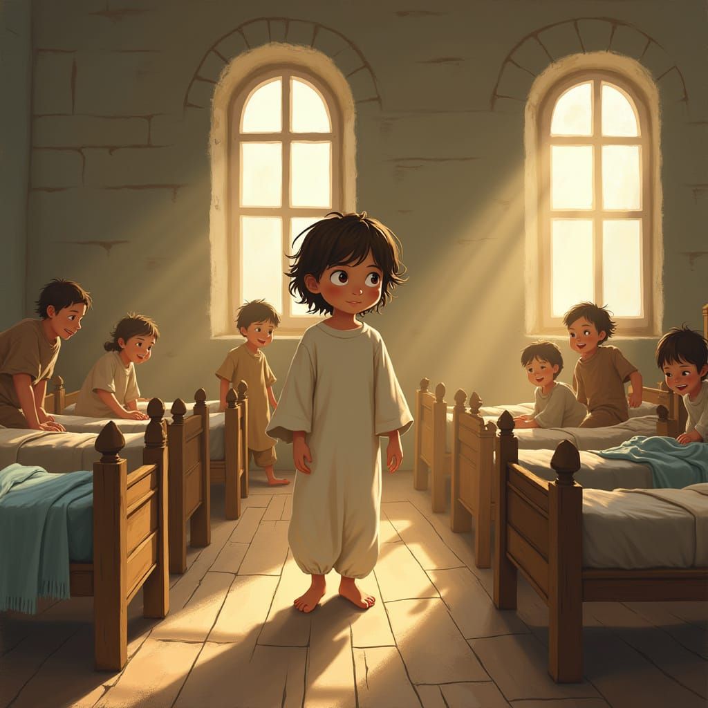 Orphanage Dormitory Scene in Warm Illustration Style