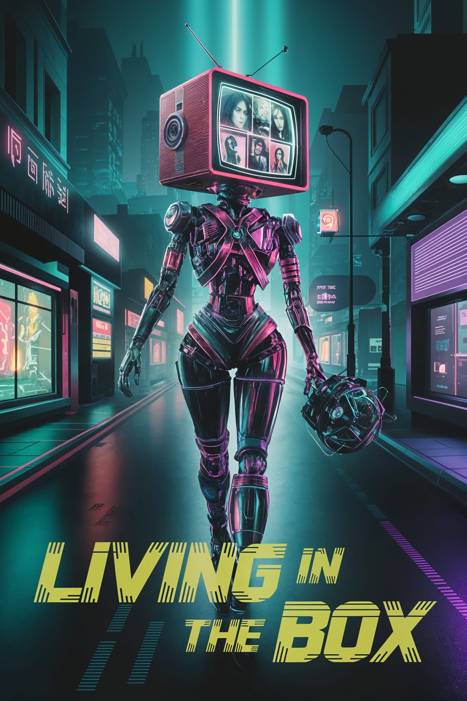Android with TV Head in Cyberpunk Cityscape