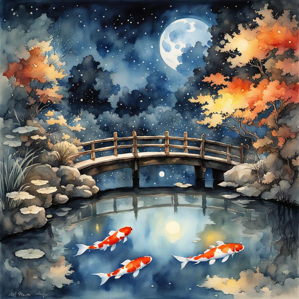 Night Sky Reflected in Koi Pond, Watercolor Painting