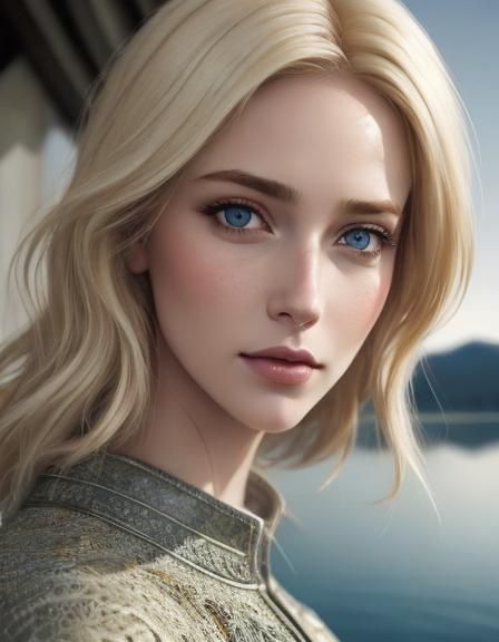 Portrait of a Blonde Woman with Lake Background