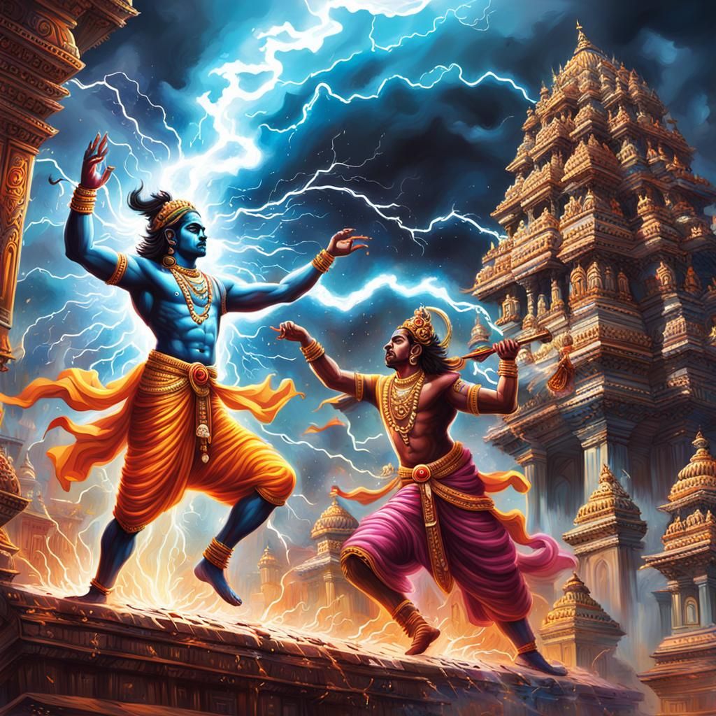 Krishna and Vimanas in Graffiti Art Style