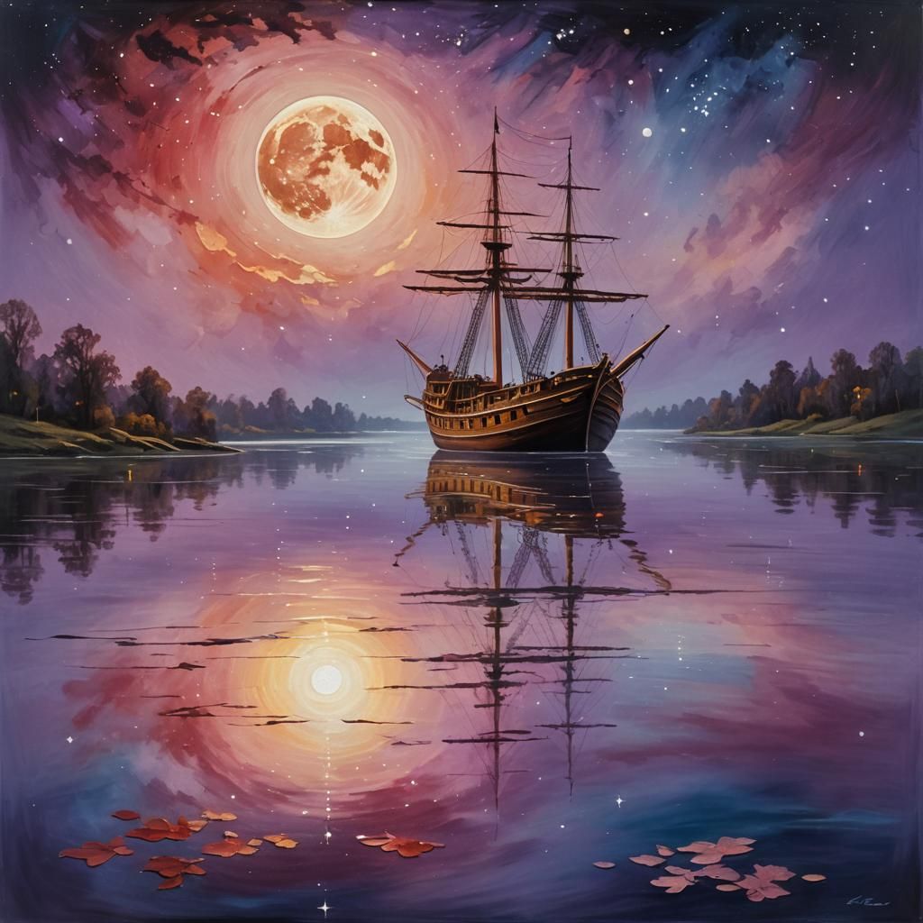 Magical Moonlit Ship: Vibrant Oil Painting