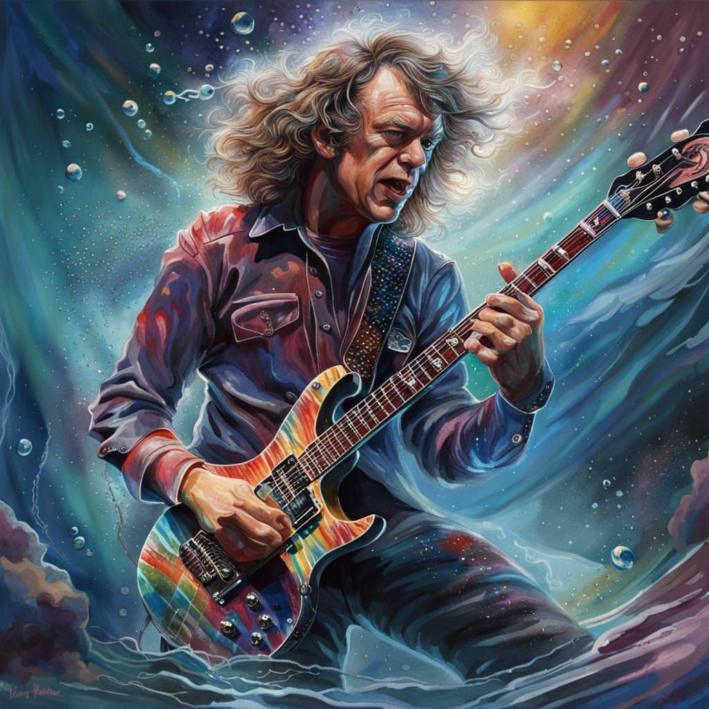 Angus Young AC/DC as Playing Electric Guitar and Feeling the Music