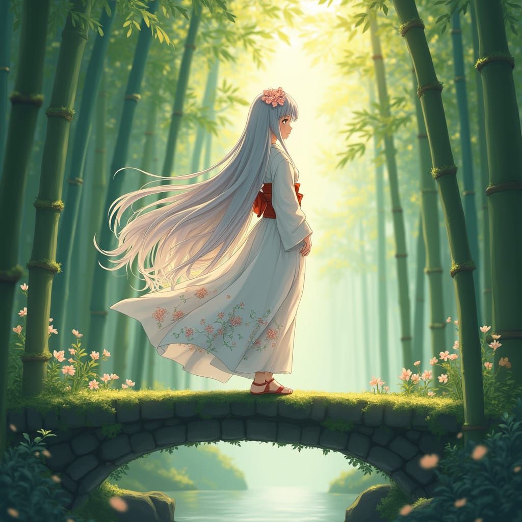 Anime Girl in Bamboo Forest, Ghibli Style