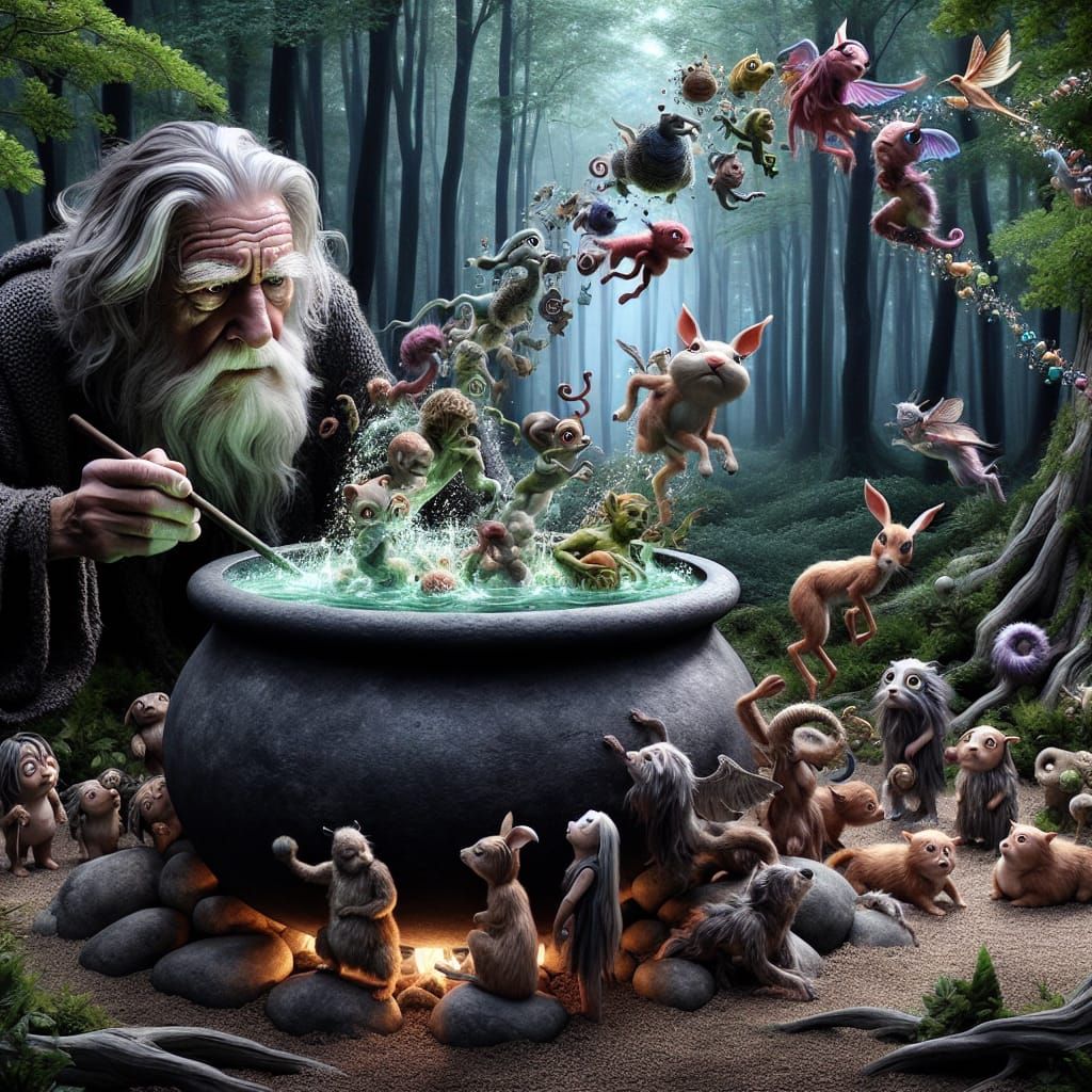 Elderly Wizard Conjures Whimsical Creatures in Forest Glade