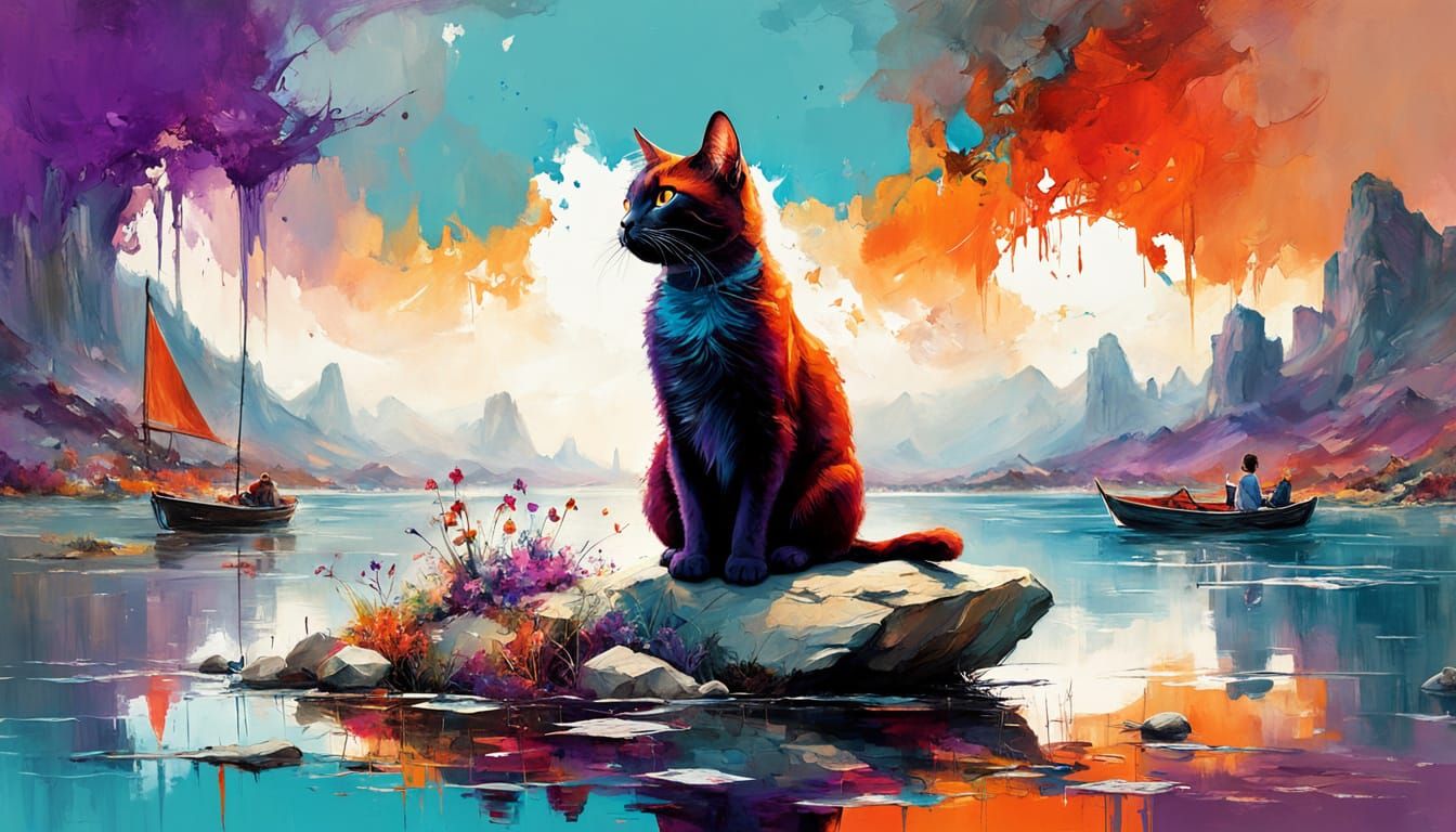 Cat on Rock in Landscape as Oil Painting